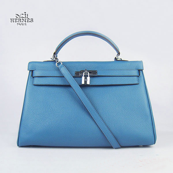 6308 Hermes Kelly 35 centimetri Togo Leather Bag Blu 6308 Argento Hardwar